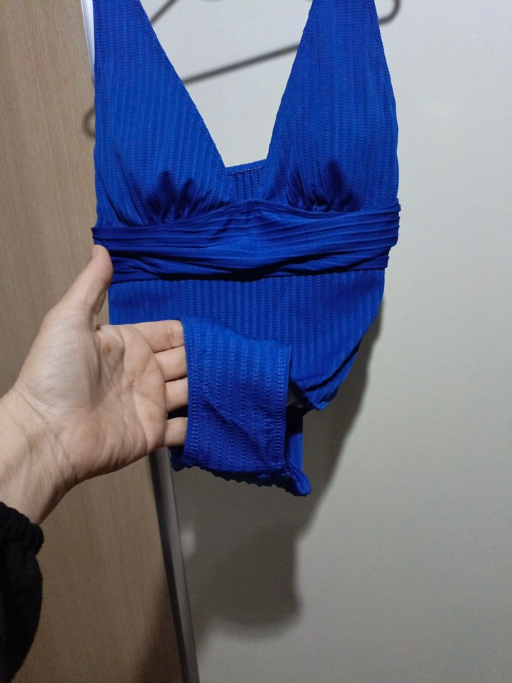 Koyu Mavi Drapeli İnce Askılı Mayo - Görsel 3