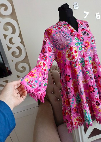 Püsküllü Pembe Bohem Mini Elbise - Görsel 5