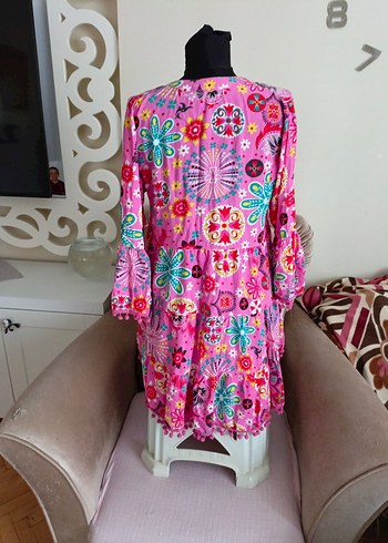 Püsküllü Pembe Bohem Mini Elbise - Görsel 8