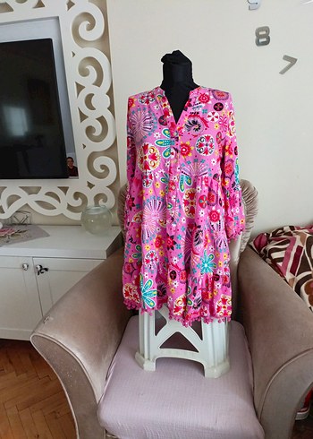 Püsküllü Pembe Bohem Mini Elbise - Görsel 4