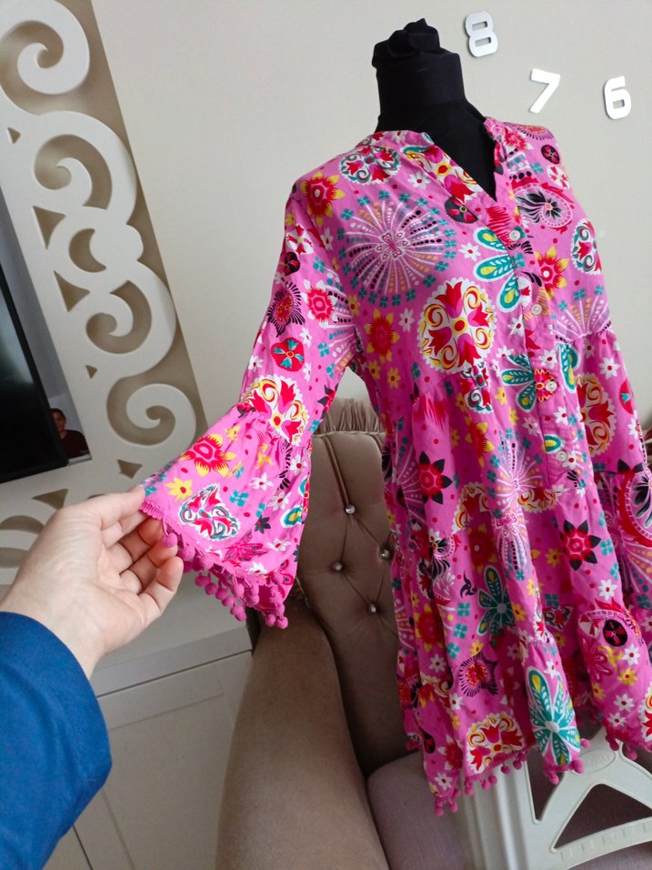 Püsküllü Pembe Bohem Mini Elbise - Görsel 5