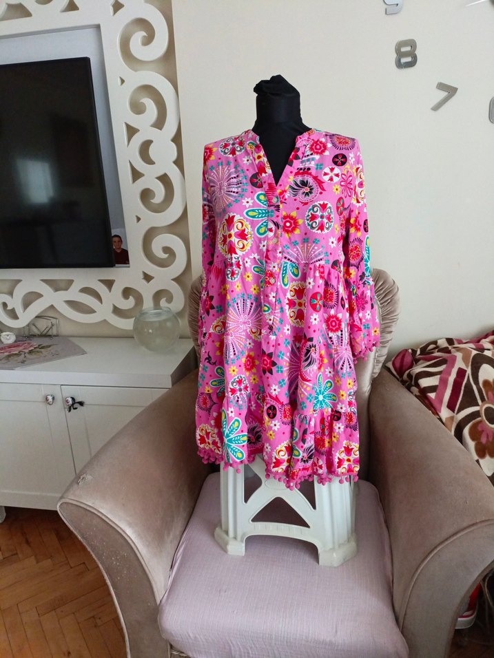 Püsküllü Pembe Bohem Mini Elbise - Görsel 4