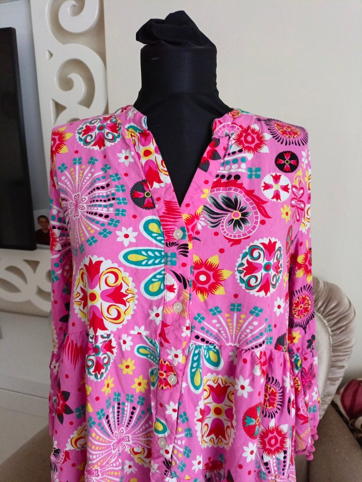 Püsküllü Pembe Bohem Mini Elbise - Görsel 2