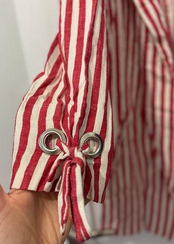 xl Beden kırmızı Renk Kırmızı Çizgili Uzun Kollu Keten Gömlek