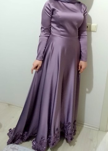 Mor Uzun Kollu Drapeli Abiye Elbise