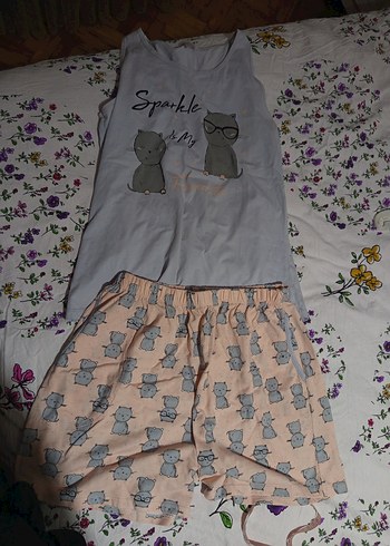 Gri Baskılı Askısız Kadın Pijama Takımı