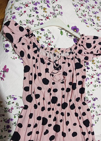 Puantiyeli Pembe  Midi Elbise - Görsel 3