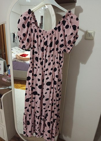 Puantiyeli Pembe  Midi Elbise - Görsel 2