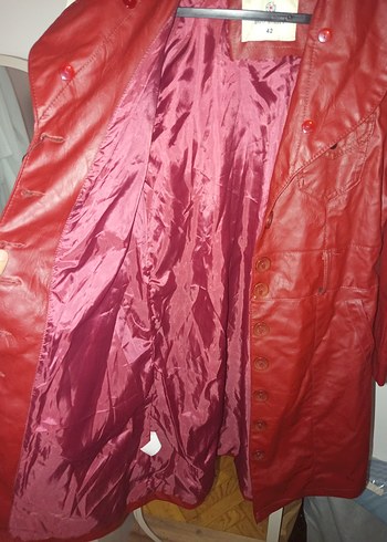 Bordo Deri Kadın Midi Boy Düğmeli Kaban - Görsel 7