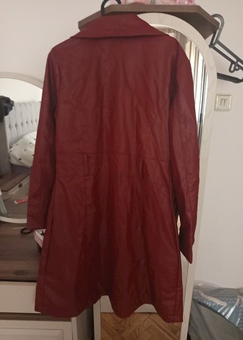 Bordo Deri Kadın Midi Boy Düğmeli Kaban - Görsel 4