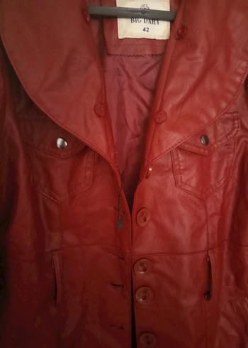 Bordo Deri Kadın Midi Boy Düğmeli Kaban - Görsel 3