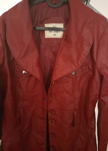 Bordo Deri Kadın Midi Boy Düğmeli Kaban - Görsel 2