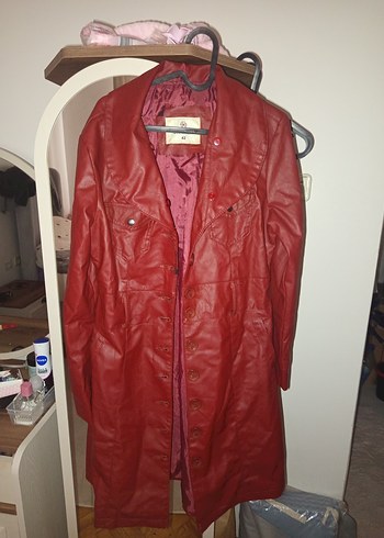 Bordo Deri Kadın Midi Boy Düğmeli Kaban - Görsel 6