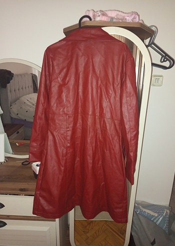 Bordo Deri Kadın Midi Boy Düğmeli Kaban - Görsel 5