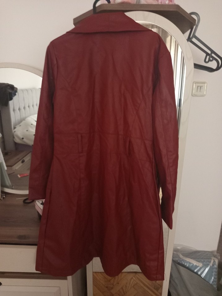 Bordo Deri Kadın Midi Boy Düğmeli Kaban - Görsel 4