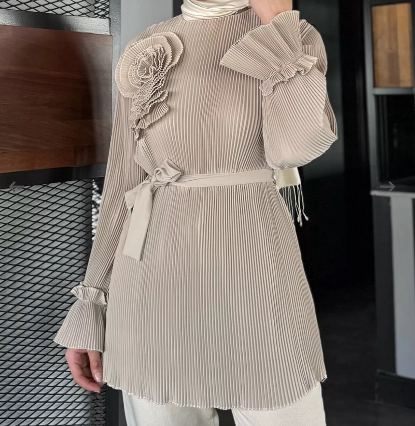 Bej Renkli Pilili Uzun Kollu Tunik - Görsel 2