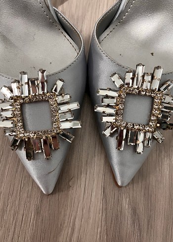 Gri Metal Tokalı Stiletto Kadın Abiye Ayakkabı - Görsel 5