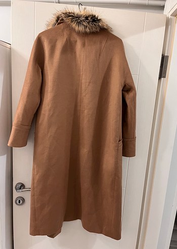 Bej Süet Uzun Kadın Kaban Kürklü - Görsel 9