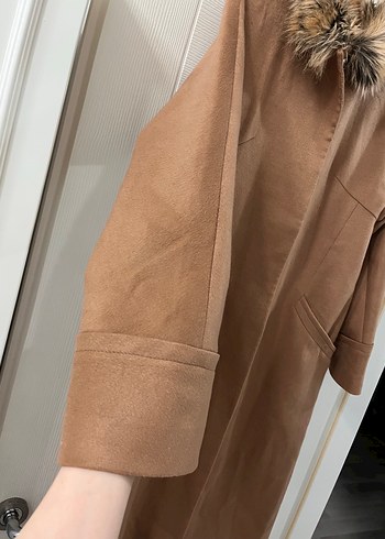 Bej Süet Uzun Kadın Kaban Kürklü - Görsel 5