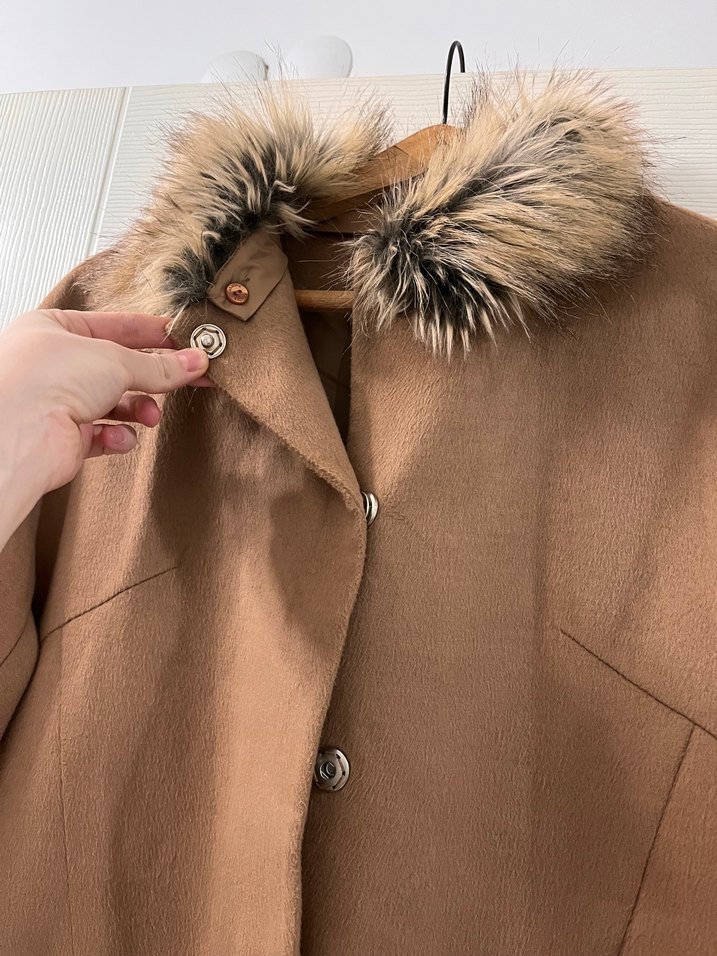 Bej Süet Uzun Kadın Kaban Kürklü - Görsel 2