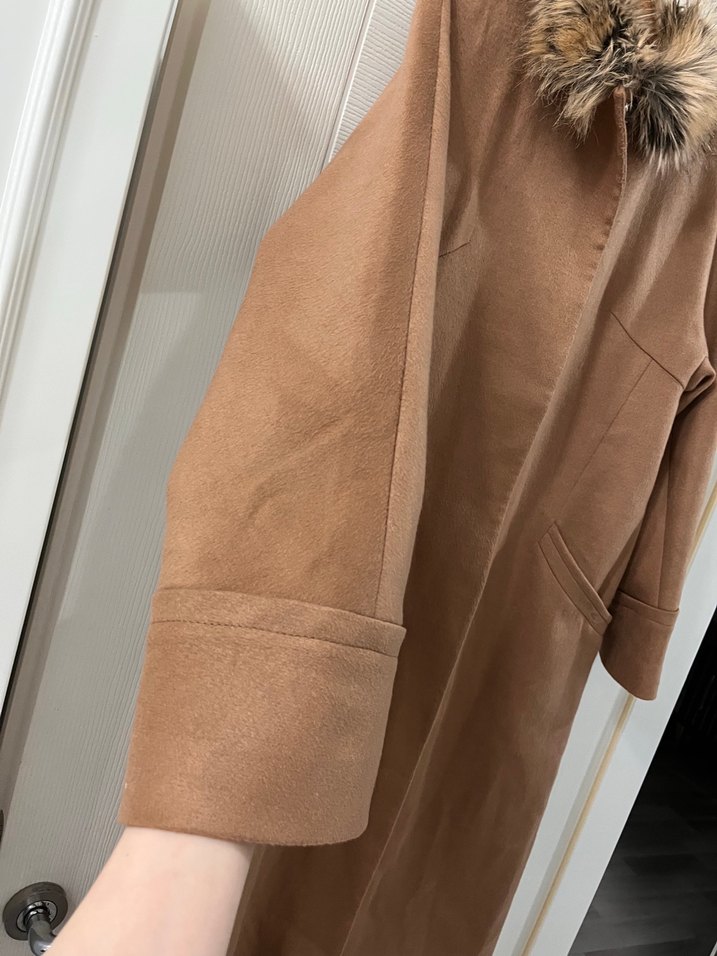 Bej Süet Uzun Kadın Kaban Kürklü - Görsel 5