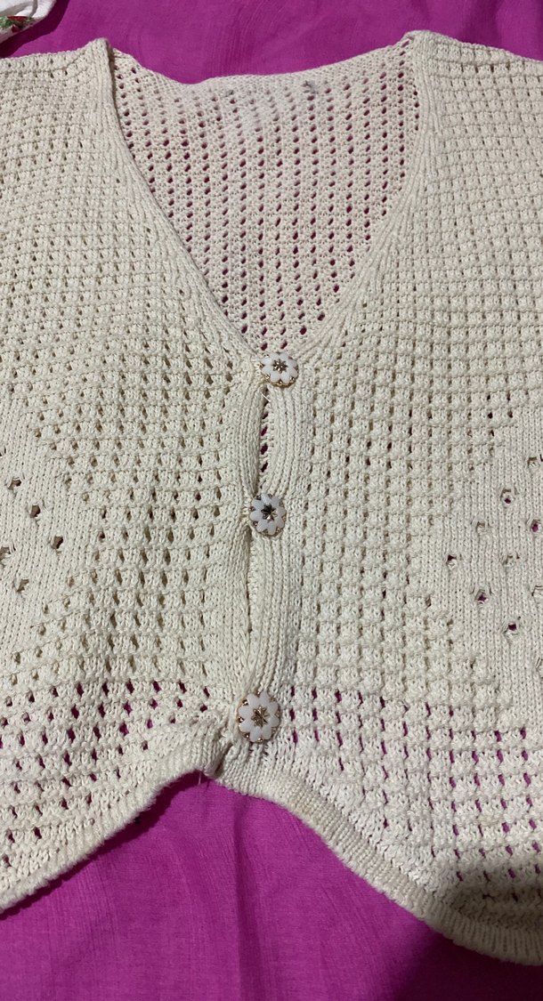 Beyaz Örgü Kadın Süveter V Yaka - Görsel 3