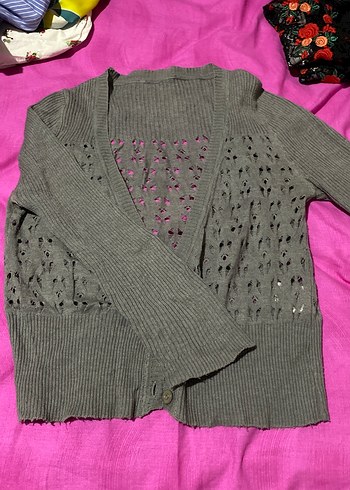 Gri V Yaka Örgü Kadın Hırka - Görsel 2