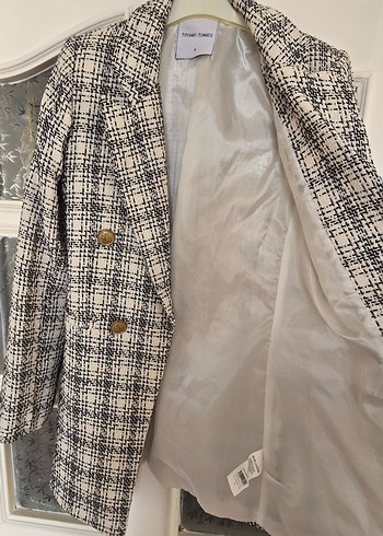 s Beden Düğmeli Ekose Desenli Uzun Kadın Blazer