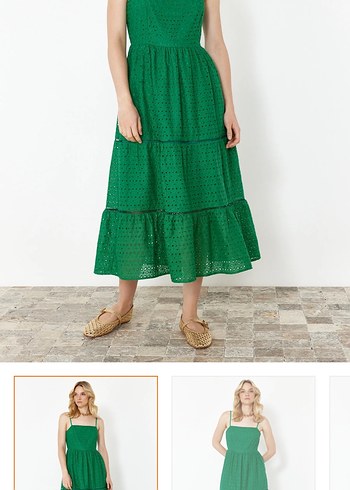 Yeşil Nakışlı Uzun Bohem Elbise - Görsel 4