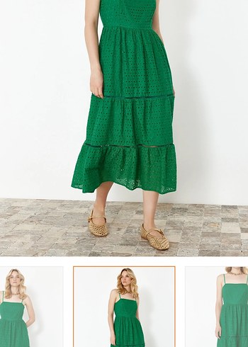 Yeşil Nakışlı Uzun Bohem Elbise - Görsel 2