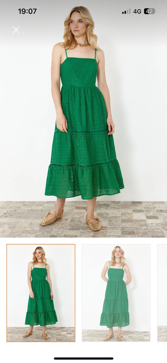 Yeşil Nakışlı Uzun Bohem Elbise - Görsel 4