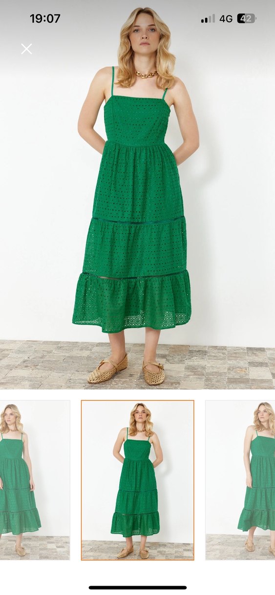 Yeşil Nakışlı Uzun Bohem Elbise - Görsel 3