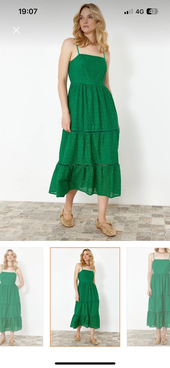 Yeşil Nakışlı Uzun Bohem Elbise - Görsel 2