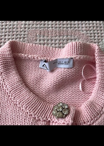 Pembe Kısa Kollu Düğmeli kazak - Görsel 3