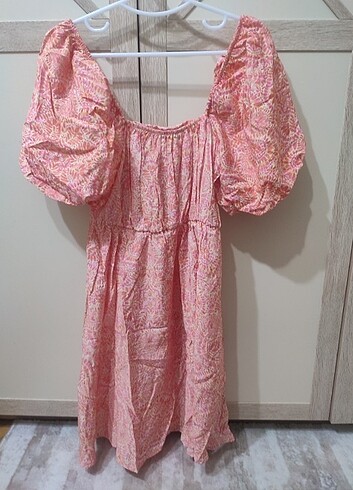 Kare yaka desenli balon kol elbise - Görsel 6