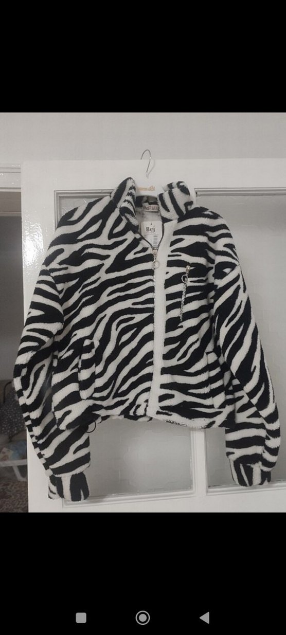 Zebra Desenli Kadın Midi peluş mont ceket - Görsel 2