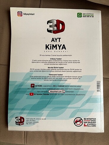  3d yayıncılık ayt kimya soru bankası test kitabı