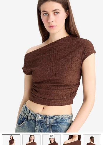 Kahverengi Drapeli Kısa Kollu Straplez Bluz - Görsel 2