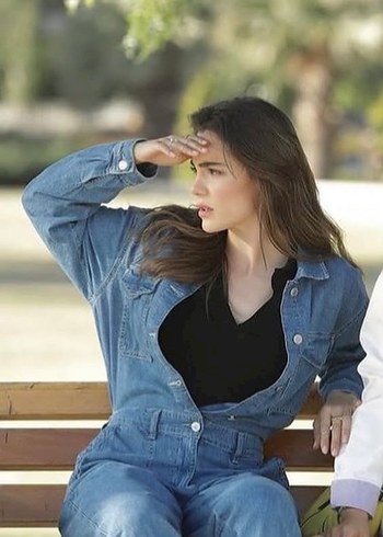 Düğmeli Mavi Kadın Kot tulum - Görsel 2