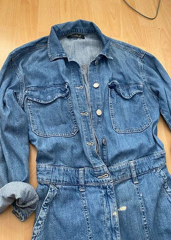 Düğmeli Mavi Kadın Kot tulum - Görsel 5