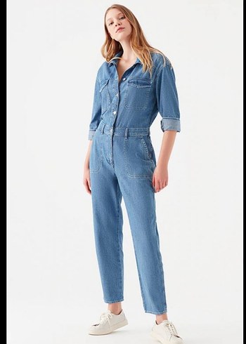 Düğmeli Mavi Kadın Kot tulum - Görsel 3