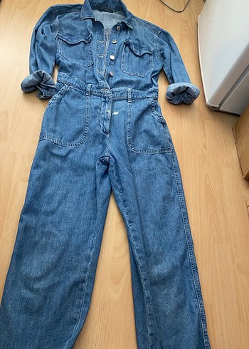 Düğmeli Mavi Kadın Kot tulum - Görsel 6