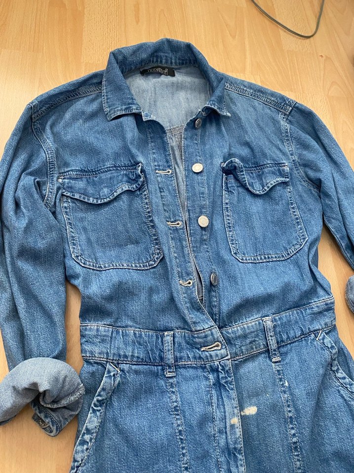 Düğmeli Mavi Kadın Kot tulum - Görsel 5