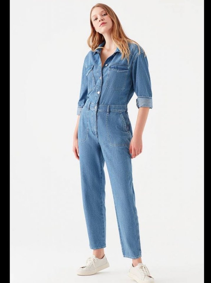 Düğmeli Mavi Kadın Kot tulum - Görsel 3