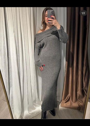 Gri Uzun Triko Elbise - Görsel 2