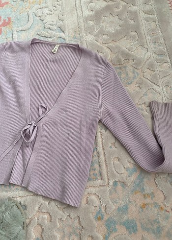 Kadın Mor Triko Hırka V Yaka Bağcıklı - Görsel 3