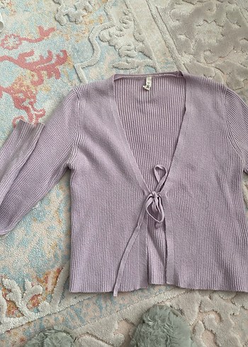 Kadın Mor Triko Hırka V Yaka Bağcıklı - Görsel 2