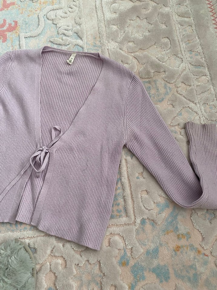 Kadın Mor Triko Hırka V Yaka Bağcıklı - Görsel 3