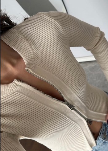 Bej Yarım Fermuarlı Fit Triko Kazak - Görsel 3