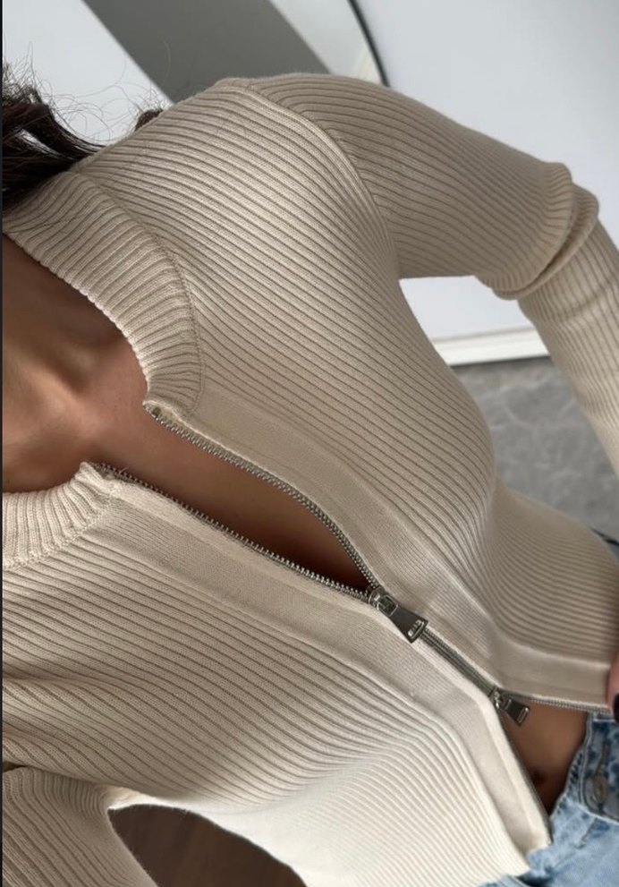 Bej Yarım Fermuarlı Fit Triko Kazak - Görsel 3